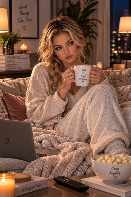 A blonde woman in cozy white pajamas sits on a couch wrapped in a fluffy blanket, holding a mug that reads 'Just A Girl Hiding' while watching a laptop, with popcorn and candles nearby.