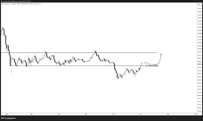A daily candlestick chart of SOL/USD on TradingView shows Solana's price action consolidating between roughly $53 and $73 horizontal levels from February through June 2025, with a strong recovery rally to around $160 on the right edge of the chart, visually supporting the analyst's call of a key reclaim and bullish continuation. The "Green" likely refers to the drawn supply zone near $75 that they identify as an ideal retest entry for a long position.