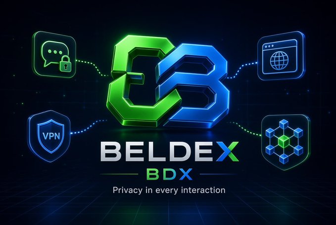 A promotional graphic for 'BELDEX BDX' features a green and blue 'CB' logo, with the tagline 'Privacy in every interaction' and icons representing chat, VPN, web browsing, and blockchain.