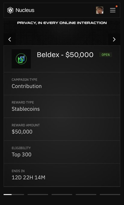 A mobile app screenshot for Nucleus showing a "Beldex - $50,000" contribution campaign with stablecoins as the reward type, eligibility for "Top 300", and ending in "12D 22H 14M".