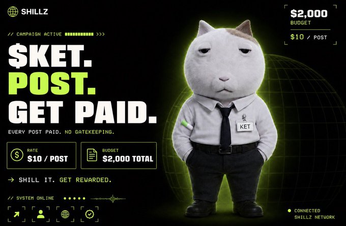 A promotional graphic by 'SHILLZ' featuring a grumpy-looking cat dressed as a clerk with a 'KET' name tag, advertising '$KET. POST. GET PAID.' at a rate of '$10/POST' from a '$2,000 BUDGET.'