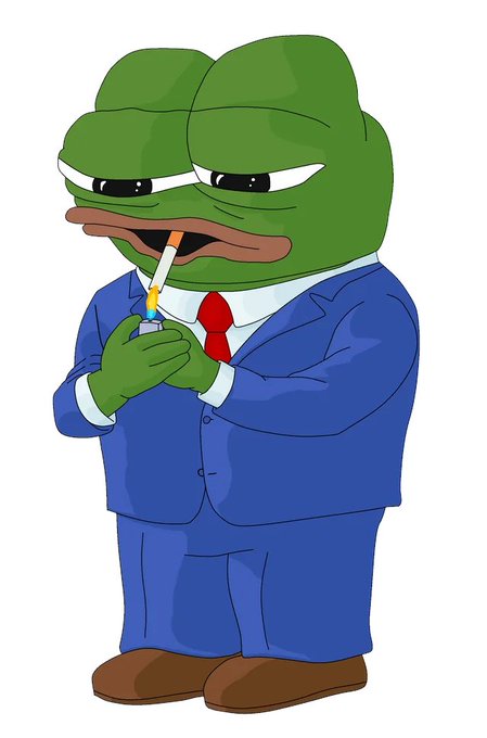 An illustration of a cartoon frog in a blue suit and red tie smoking a cigarette, holding a lighter.