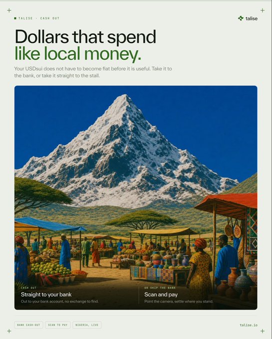 A promotional advertisement for 'talise' featuring a snowy mountain above an African market, with the headline 'Dollars that spend like local money.'