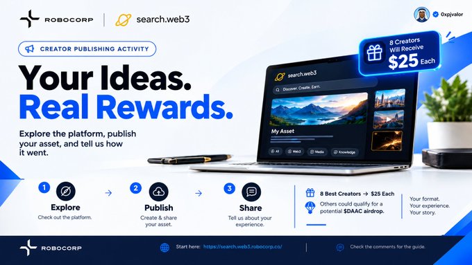 A promotional banner for a 'search.web3' Creator Publishing Activity campaign by ROBOCORP, advertising 'Your Ideas. Real Rewards.' with 8 creators receiving $25 each, featuring a laptop displaying the platform and three steps: Explore, Publish, Share.