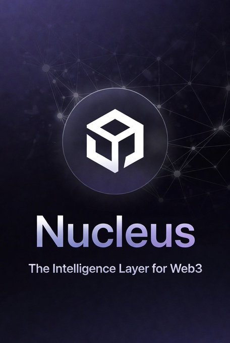 A dark promotional graphic for 'Nucleus' featuring a geometric cube logo and the tagline 'The Intelligence Layer for Web3' against a network-patterned background.
