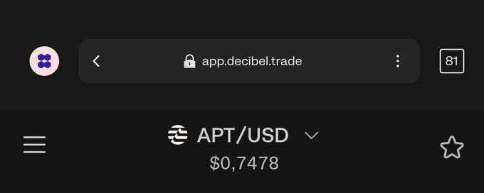 A mobile browser screenshot showing the URL app.decibel.trade with the APT/USD price displayed at $0.7478.