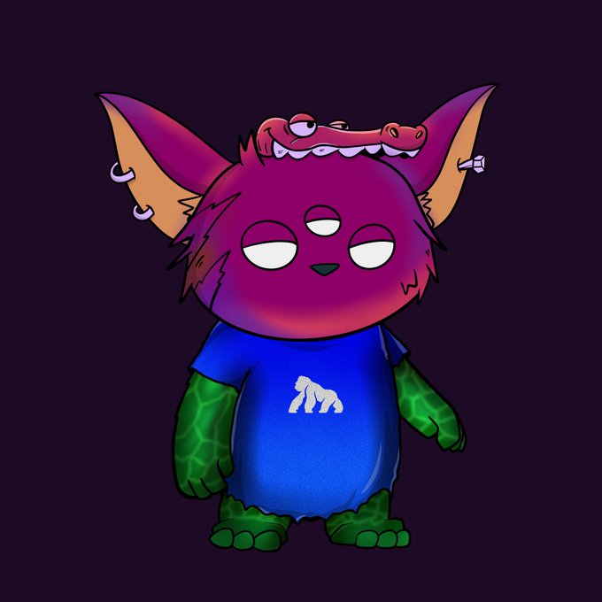 A quirky digital drawing of a three-eyed, furry pink and purple creature with large orange ears, wearing a blue t-shirt featuring a white gorilla logo.