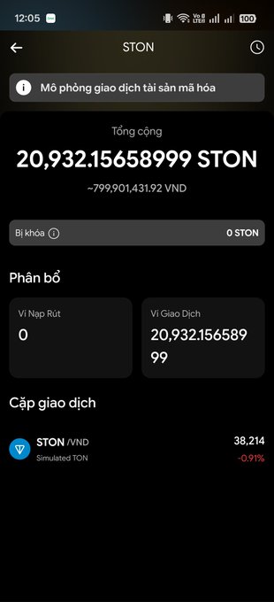 A mobile app screenshot in Vietnamese showing a crypto wallet interface for "STON" with a balance of 20,932.1565899 STON (~799,901,431.92 VND), noting the STON/VND pair at 38.214 and labeled "Simulated TON."
