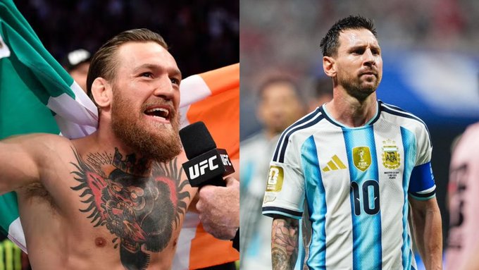 Conor McGregor (with a "UFC" microphone) and Lionel Messi (wearing Argentina's #10 jersey) are shown side-by-side, representing the UFC and World Cup action highlighted in the post about this weekend's major sporting events.