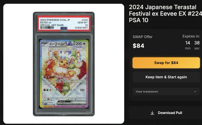 A PSA 10 graded 2024 Japanese Terastal Festival ex Eevee ex Pokémon card #224 with a SWAP offer of $84.