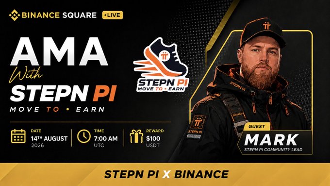 A Binance Square LIVE promotional graphic announces an AMA featuring Mark, STEPN PI Community Lead, scheduled for August 14, 2026 at 7:00 AM UTC with a $100 USDT reward, highlighting the event's focus on the STEPN PI ecosystem roadmap including NFT sneakers, Move-to-Earn development, and the SPI token.