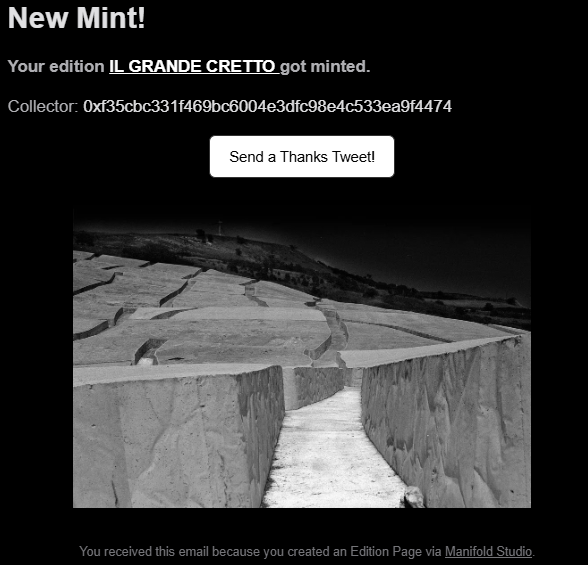 An email notification reading 'New Mint! Your edition IL GRANDE CRETTO got minted' with collector address details, displayed above a black and white photo of a quarry or stone landscape.