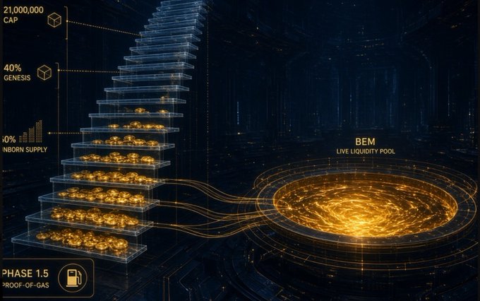 A dark, futuristic graphic illustrates a tokenomics structure with a 'PHASE 1.5 PROOF-OF-GAS', showing a 21,000,000 CAP, 40% GENESIS, 10% NBORN SUPPLY, and a 'BEM LIVE LIQUIDITY POOL'.