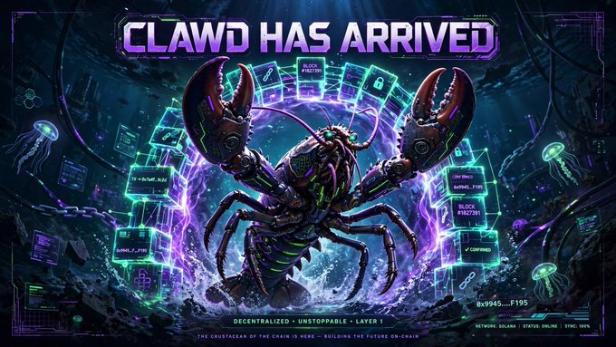 A vibrant digital art poster titled 'CLAWD HAS ARRIVED' featuring a large cyberpunk-style lobster creature with glowing purple energy, surrounded by blockchain interface elements, with text reading 'DECENTRALIZED • UNSTOPPABLE • LAYER 1' and 'THE SUBSTANCE OF THE CHAIN IS HERE - BUILDING THE FUTURE ON-CHAIN'.