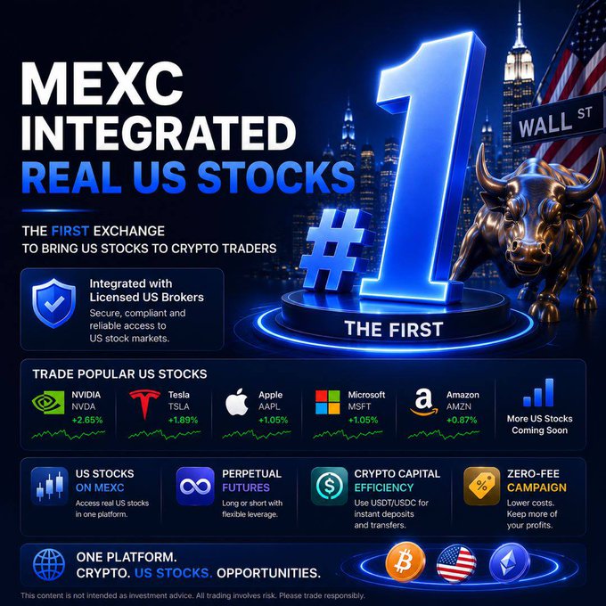 The image features a poster for MEXC US Stocks that promotes buying stocks outside of crypto. The poster includes an illustration of a bull with horns, symbolizing the bull market, and a city skyline at night, representing the real economy. The text on the poster highlights the benefits of investing in US stocks through MEXC, such as easy access to trading platforms, no bank transfers required, and the opportunity to buy directly from MEXC using US dollars.