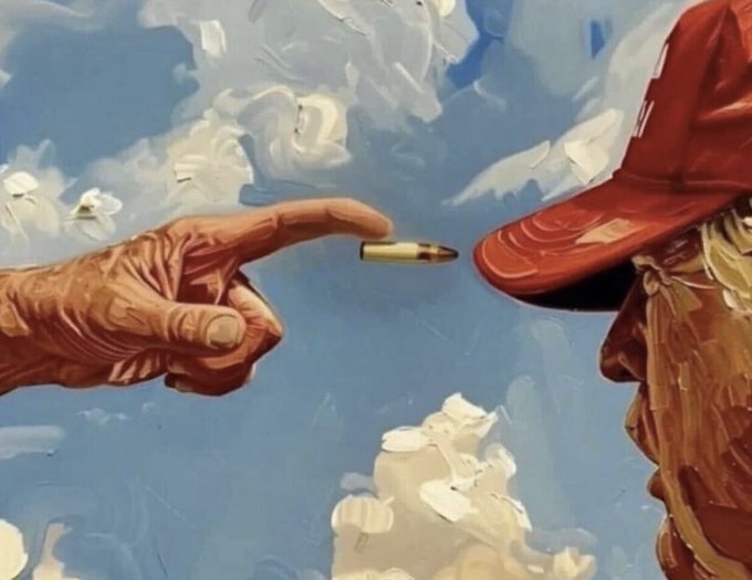 A painted scene depicts a hand extending a bullet toward a person wearing a red cap, set against a sky with stylized clouds—evoking a tense confrontation that aligns with the cryptic "iykyk" sentiment. The symbolic imagery suggests a moment of forced decision or threat.
