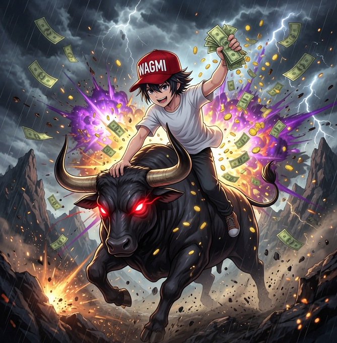 Anime-style illustration of a character wearing a 'WAGMI' cap riding a black bull with red glowing eyes through a stormy landscape with money and coins flying around.