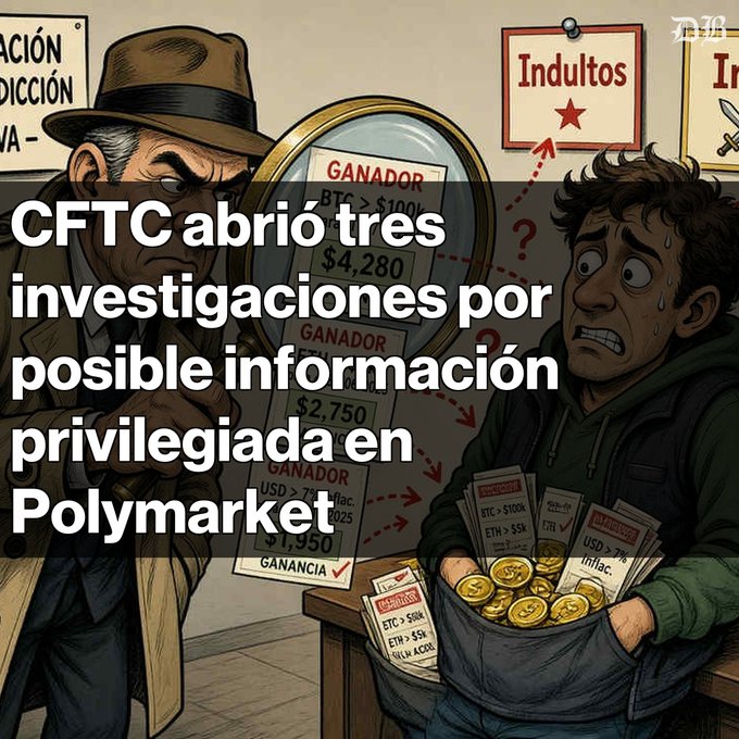 An illustrated news graphic reads 'CFTC abrió tres investigaciones por posible información privilegiada en Polymarket,' depicting a detective examining trading slips and a nervous figure holding a bag of crypto coins.