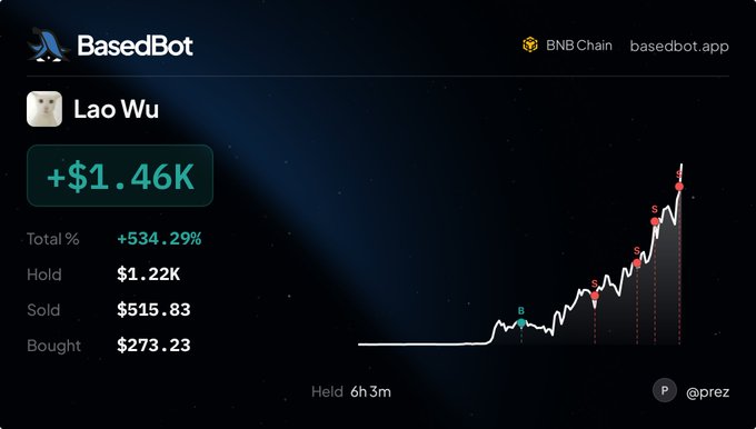Screenshot from BasedBot on BNB Chain (basedbot.app) showing a trade on 'Lao Wu' with a total return of +534.29% (+$1.46K), held for 6h3m.