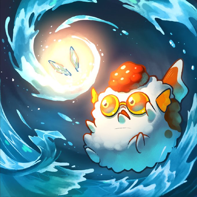 The image features an anthropomorphized white panda with orange ears, wearing glasses and a hat, standing in front of a large blue wave that appears to be crashing down around them. The panda seems to be looking at something or someone on the right side of the frame, possibly a person or another animal. The post reads "Every axie has a story... What's yours?". This message suggests that each individual, including the anthropomorphized panda in this image, has their own unique experiences and stories behind them.