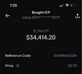 The image shows a notification from the Binance cryptocurrency exchange app on an iPhone, alerting the user that their limit order for the digital asset ICP has been executed at a price of $34,414.20. This astronomical price tag is the key detail, as it directly corresponds to the accompanying post's claim that "This is history being made, right now" with a $ICP ticker, highlighting an extraordinarily rare and notable transaction event in the crypto market.