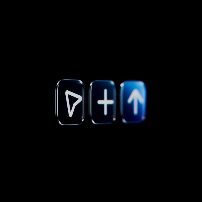 A dark background with three glowing keyboard keys showing a play triangle, plus sign, and up arrow.
