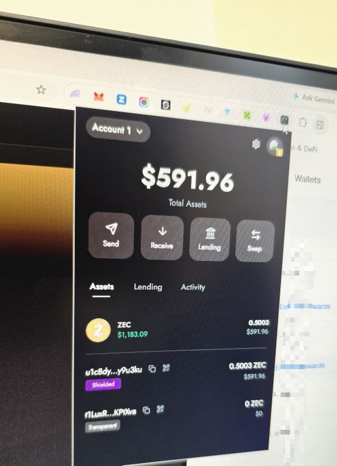 A computer screen displays a crypto wallet showing a total asset balance of $591.96, with 0.5003 ZEC ($1,183.09) listed as the primary holding—corroborating the poster's claim of growing their portfolio from $8 to roughly $600 (a ~75x gain) through Zcash trading.