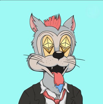 A cartoon illustration of a gray wolf character with a red mohawk, wearing a black suit jacket and red tie, against a light blue background, featuring wide eyes with gold geometric shapes.
