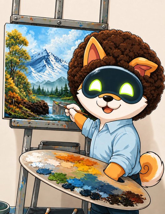 An AI-generated illustration of a cute dog character with an afro and glowing green robotic eyes wearing a blue shirt, holding a paintbrush and palette while painting a mountain landscape on an easel.
