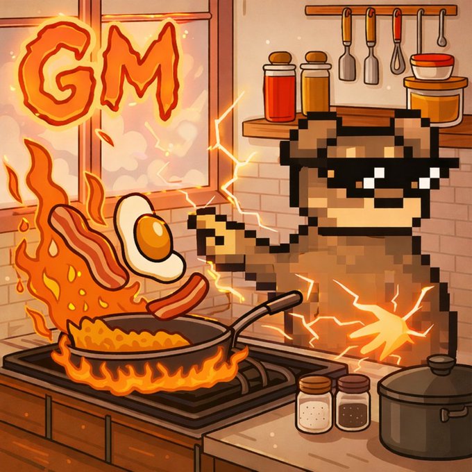 The image features a cartoon bear standing next to an open stove with a frying pan full of food, including bacon and eggs. The bear appears to be cooking breakfast for its family or friends. In the background, there are various kitchen items such as a pot, a bowl, and some bottles. The post includes text that reads "Good Morning X Family Happy weekend everyone Exploring the future with @quipnetwork @useTria @moovexyz & @NucleusCodes Stay active. Stay learning. Enjoy your day".