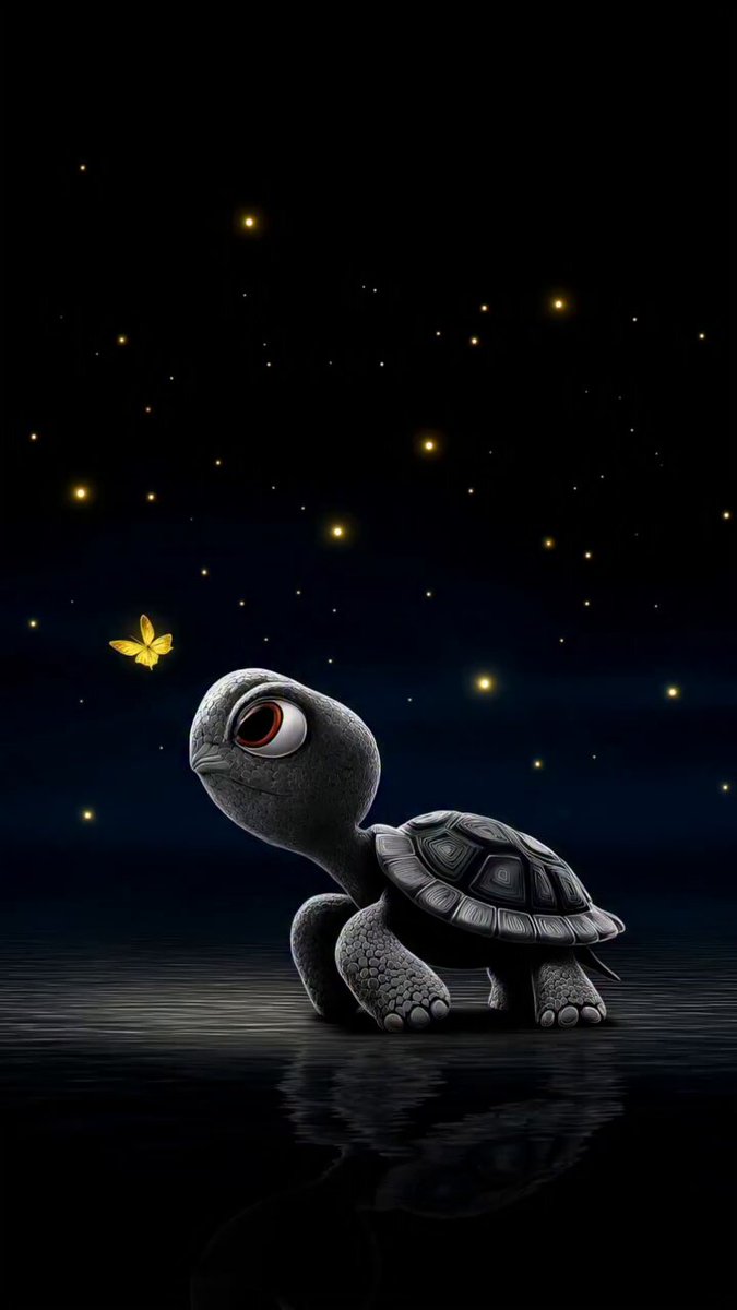 The image features a cartoon turtle with its head tilted down, looking at a butterfly that has landed on its back. The background of the image is dark blue, which contrasts with the bright yellow starry sky above. The caption below the image reads "$TUGA #Solana #Memecoin #Crypto #Degen".