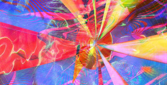 An abstract, colorful digital artwork featuring swirling patterns of red, blue, yellow, and pink that converge toward a central point, creating a psychedelic tunnel effect.