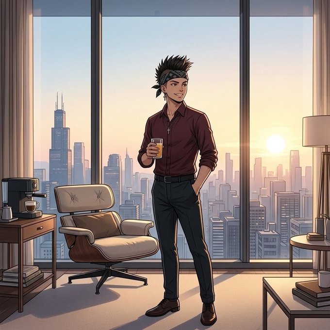 An anime-style illustration of a man in a bandana and maroon shirt holding a coffee cup in a high-rise apartment with a city skyline at sunset.