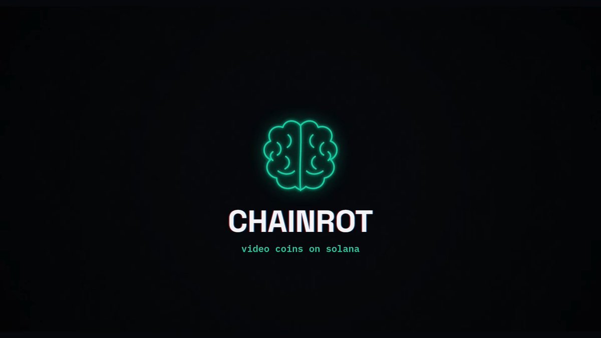 The image shows a neon green brain logo glowing against a dark background, with the text "CHAINROT" in bold white letters below it and the tagline "video coins on solana" underneath. This branding represents ChainRot's entry into the Stocklana hackathon as a short-form video platform on Solana where users can post clips and launch them as tradeable coins paired with stocks.