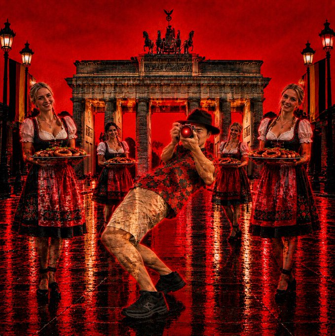 A stylized red-toned scene at the Brandenburg Gate shows a photographer posing in front of several women in dirndl-style dresses carrying trays of pretzels on a wet reflective street.