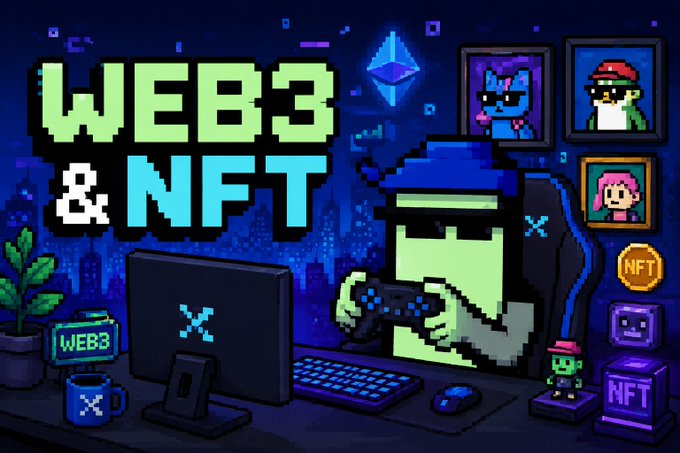 A pixel art image featuring the text 'WEB3 & NFT' alongside a hooded figure gaming at a computer setup, with framed pixel NFT characters and an Ethereum logo in the background.