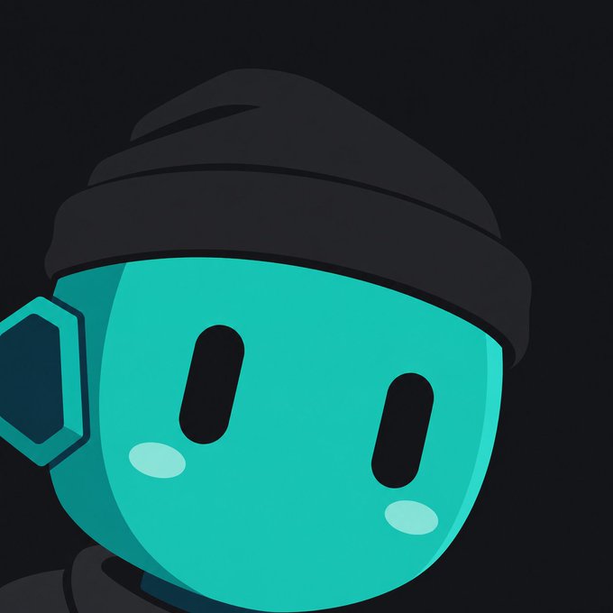 An illustration of a cute character with a teal/cyan colored face, simple oval black eyes, light blue blush spots on the cheeks, wearing a dark gray beanie against a black background.