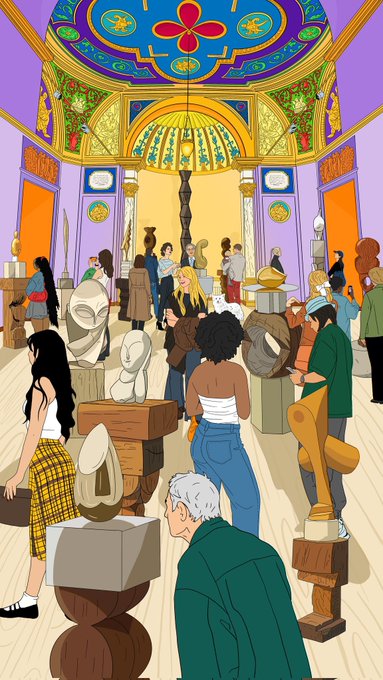 A cartoon illustration shows a crowded art museum or gallery with colorful ornate ceilings, where various visitors are viewing an eclectic mix of modern abstract sculptures on pedestals.
