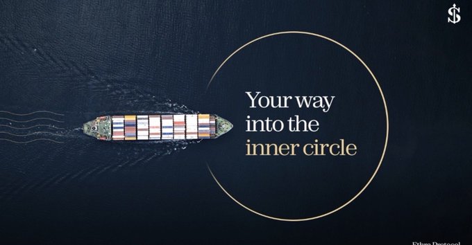 A dark-toned promotional banner featuring an aerial view of a cargo ship loaded with containers, alongside the text 'Your way into the inner circle' enclosed in a gold circle and a 'Protocol' logo.