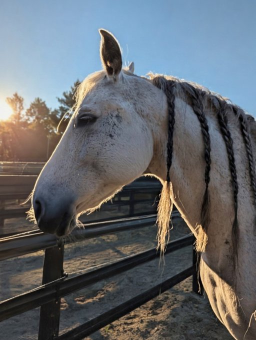 A close-up profile photograph of a light-colored horse with a braided mane standing by a black metal fence at sunset, with warm sunlight illuminating the scene.