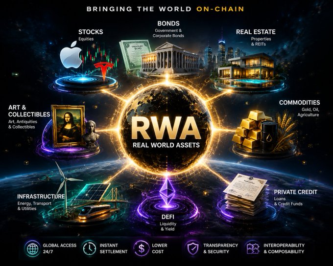 An infographic titled 'BRINGING THE WORLD ON-CHAIN' depicting Real World Assets (RWA) with categories including Stocks, Bonds, Real Estate, Commodities, Private Credit, DeFi, Infrastructure, and Art & Collectibles.
