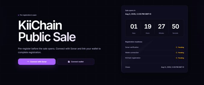 A webpage interface for the 'KiiChain Public Sale' with a countdown timer showing 01 days, 19 hours, 27 minutes, 50 seconds until August 3, 2026, and 'Pending' statuses for Sonar verification, wallet connection, and KiiChain registration.