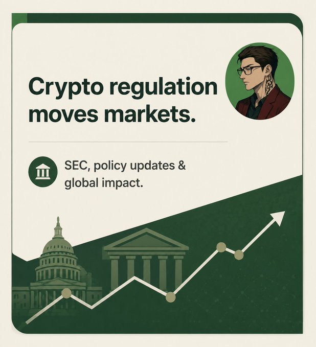 A promotional graphic titled 'Crypto regulation moves markets' with subtitle 'SEC, policy updates & global impact', featuring an illustrated man with glasses and an upward trending line graph over silhouettes of the U.S. Capitol and a courthouse.