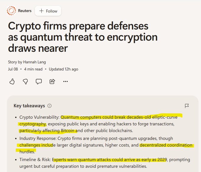 A Reuters article titled 'Crypto firms prepare defenses as quantum threat to encryption draws nearer' by Hannah Lang, highlighting that quantum computers could break elliptic-curve cryptography and that experts warn quantum attacks could arrive as early as 2029.