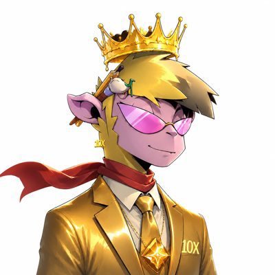 A digital illustration depicts an anime-style character wearing a gold crown, pink sunglasses, a gold suit, and a red scarf, with '10X' displayed on their tie.