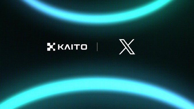 The image displays the logos of "KAITO" and "X" side by side with a vertical line separator, set against a dark background with glowing cyan circular arcs. This visually represents the newly announced partnership between Kaito and X, aligning with the post's speculation about what developments this collaboration might bring.