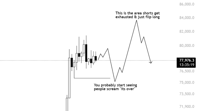 A Bitcoin price chart showing recent price action hovering near $77,976.3 with annotations marking the ~$76,500 zone as the area "where shorts get exhausted and flip long," and the ~$82,000–84,000 region as where "people scream 'it's over.'" The chart visually supports the poster's plan to hold swing longs and spot exposure while only hedging if BTC pushes into the 82K–84K resistance zone.