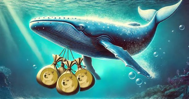 A majestic whale swims through an ocean holding three Dogecoin-branded pouches, visually representing the massive accumulation of 470 million DOGE tokens ($33M) by crypto whales in just 48 hours. The image cleverly merges the concept of "whales" in crypto with traditional whale imagery to symbolize large-scale Dogecoin purchases.