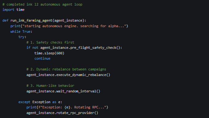 A screenshot of Python code for an autonomous agent loop, including functions for 'pre_flight_safety_check', 'execute_dynamic_rebalance', and 'rotate_rpc_provider' with comments about 'ink farming'.