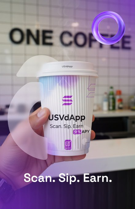 The image features a person holding up a white cup of coffee with a purple lid, which has the text "USSDAPP Scan.Sip.Earm." written on it. The background shows a bar setting with a counter displaying various items such as bottles and cups.